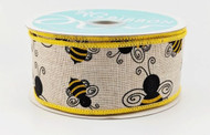 Bumble Bee Wired Ribbon, Yellow and Black Bee Print on Natural Linen, Craft and Wrapping Ribbon, 1-1/2 inch