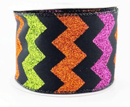 Glitter Wired Ribbon, Black with Orange, Green, and Pink Zigzag Pattern, Halloween Theme, 2-1/2 inch