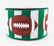 Football Print Wired Ribbon, Green and White Striped, Sports Theme, Craft and Wrapping Decoration, 2-1/2 inch