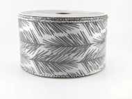 Wired Ribbon with Pine Needle Print, Silver and White, Christmas Holiday Wrapping and Crafts, 25 feet, 2-1/2 inch