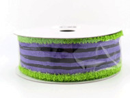 Wired Ribbon with Green Fuzzy Edges, Purple and Black Striped, Decorative Craft Ribbon on Spool, 10 Yards Long, 1-1/2 inch Wide