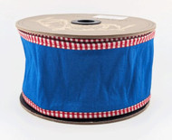 Wired Ribbon, Blue with Red and White Gingham Edge, Decorative Craft Ribbon on Spool, 10 Yards, 2-1/2 inch