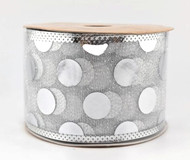 Silver Wired Ribbon with Polka Dot Pattern, Metallic Fabric, Holiday Decorating, 2-1/2 inch
