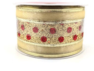 Gold Glitter Wired Ribbon with Red Polka Dots, Decorative Christmas Holiday Craft Ribbon, 25 feet, 2-1/2 inch
