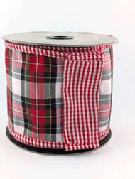 Wired Ribbon, Red and White Plaid Gingham Pattern Reversible to Red and White Check, Christmas Holiday Craft Ribbon on Spool, 4 inch