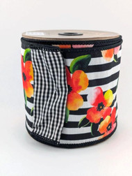 Wired Ribbon, Black and White Striped with Tropical Print Reversible to Black and White Check, on Spool, 10 Yards Long, 4 inch Wide