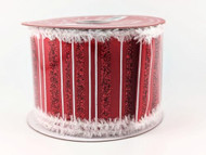 Red Glitter Striped Wired Ribbon with White Fringe Edges, Christmas Holiday Decorative Craft Ribbon, 2-1/2 inch