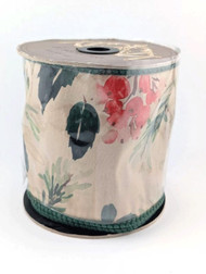 Christmas Floral Wired Ribbon, Beige with Red and Green Print Reversible to Solid Green, 10 Yards Long, 4 inch Wide