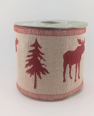 Wired Linen Ribbon with Moose and Christmas Tree Print, Rustic Holiday Décor, Natural and Red, 4 inch