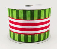 Christmas Wired Ribbon, Red, White, and Green Striped Holiday Decorative Craft Ribbon, 2-1/2 inch