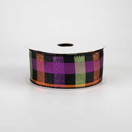 Halloween Plaid Wired Ribbon, Black, Purple, Orange and Green Checkered, Decorative Craft Ribbon on Spool, 1-1/2 inch