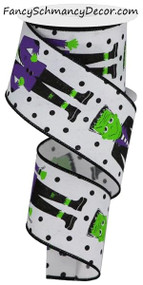 Halloween Monster Wired Ribbon, Gray with Black Polka Dots, Festive Holiday Decoration, 2-1/2 inch