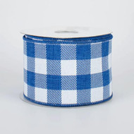 Blue and White Buffalo Plaid Wired Ribbon, Gingham Check Pattern, Decorative Craft Ribbon on Spool, 2-1/2 inch