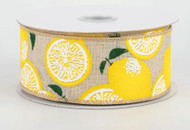Lemon Print Wired Ribbon, Yellow and Natural Linen, Summer Citrus Theme, Craft and Wrapping, 1-1/2 inch