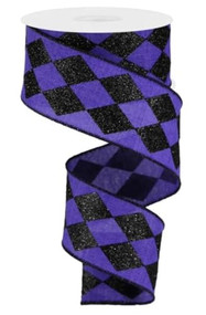 Wired Ribbon, Purple and Black Glitter Harlequin Diamond Pattern, Holiday Craft Ribbon, 2-1/2 inch