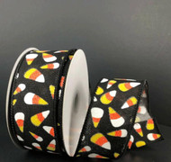 Halloween Candy Corn Wired Ribbon, Black with Festive Pattern, Holiday Decoration, 2-1/2 inch