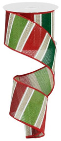 Christmas Striped Wired Ribbon, Red, Green, and Beige, Holiday Wrapping and Decorating, 2-1/2 inch