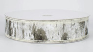 Wired Edge Ribbon, White and Gray Distressed Birch Metallic Linen Style, Craft and Wrapping, 1-1/2 inch, 25 Yards
