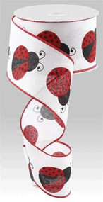 Ladybug Print Wired Ribbon, White with Red and Black Design, Decorative Craft Ribbon on Spool, 2-1/2 inch