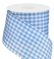 Blue and White Gingham Check Wired Ribbon, Classic Plaid Pattern, Decorative Craft Ribbon Roll, 2-1/2 inch
