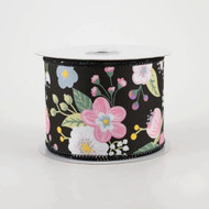 Wired Floral Ribbon on Black Background, Pink and White Flowers, Craft and Wrapping Ribbon, 2-1/2 inch
