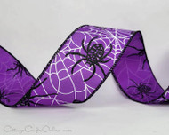 Halloween Wired Ribbon, Purple with Black Glitter Spider and White Spiderweb Print, 2-1/2 inch
