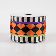 Halloween Wired Ribbon, Orange and Black Harlequin Diamond with Stripes, Purple and Green Accents, 2-1/2 inch