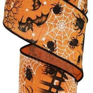 Halloween Wired Ribbon, Orange and Black, Spiders, Bats, and Cobweb Theme, 2-1/2 inch