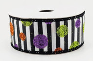 Halloween Wired Ribbon, Black and White Striped with Glitter Polka Dots, Purple, Green, and Orange, 1-1/2 inch
