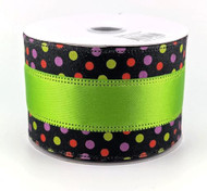 Halloween Wired Ribbon, Black with Colorful Polka Dots and Lime Green Satin Center, Festive Holiday Decoration, 2-1/2 inch