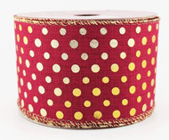 Wired Ribbon, Burgundy with Gold Polka Dots, Decorative Craft and Gift Wrapping Ribbon, 2-1/2 inch x 30 feet