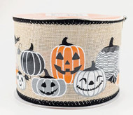 Halloween Wired Ribbon with Jack-O-Lantern Pumpkin Print, Burlap, Orange, Black and Gray, 2-1/2 inch x 25 feet