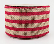 Wired Burlap Ribbon, Natural and Red Striped, Rustic Style, Craft and Wreath Decoration, 2-1/2 inch x 15 feet