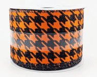 Orange and Black Houndstooth Wired Ribbon, Halloween Glitter Craft Ribbon, 2-1/2 inch x 25 feet