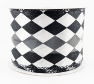 Black and White Harlequin Diamond Pattern Wired Edge Ribbon, Decorative Craft Ribbon, 2-1/2 inch x 25 feet