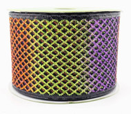 Halloween Wired Ribbon, Orange, Green, and Purple Diamond Glitter Mesh Design on Black, 2-1/2 inch x 25 feet