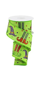 Halloween Witch Hats and Boots Wired Ribbon, Lime Green with Glitter Accents, Festive Holiday Decoration, 2-1/2 inch
