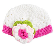 Baby Girls Crocheted Pull On White & Pink Hat with Crocheted Flower