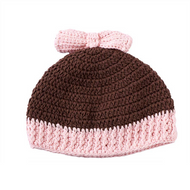Baby Girls Pull On Brown Crocheted Hat with Pink Bow