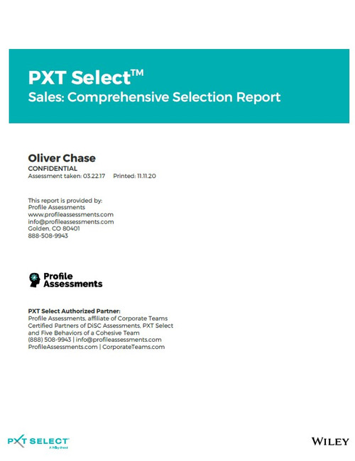 PXT Select Sales: Comprehensive Selection Report from Profile Assessments