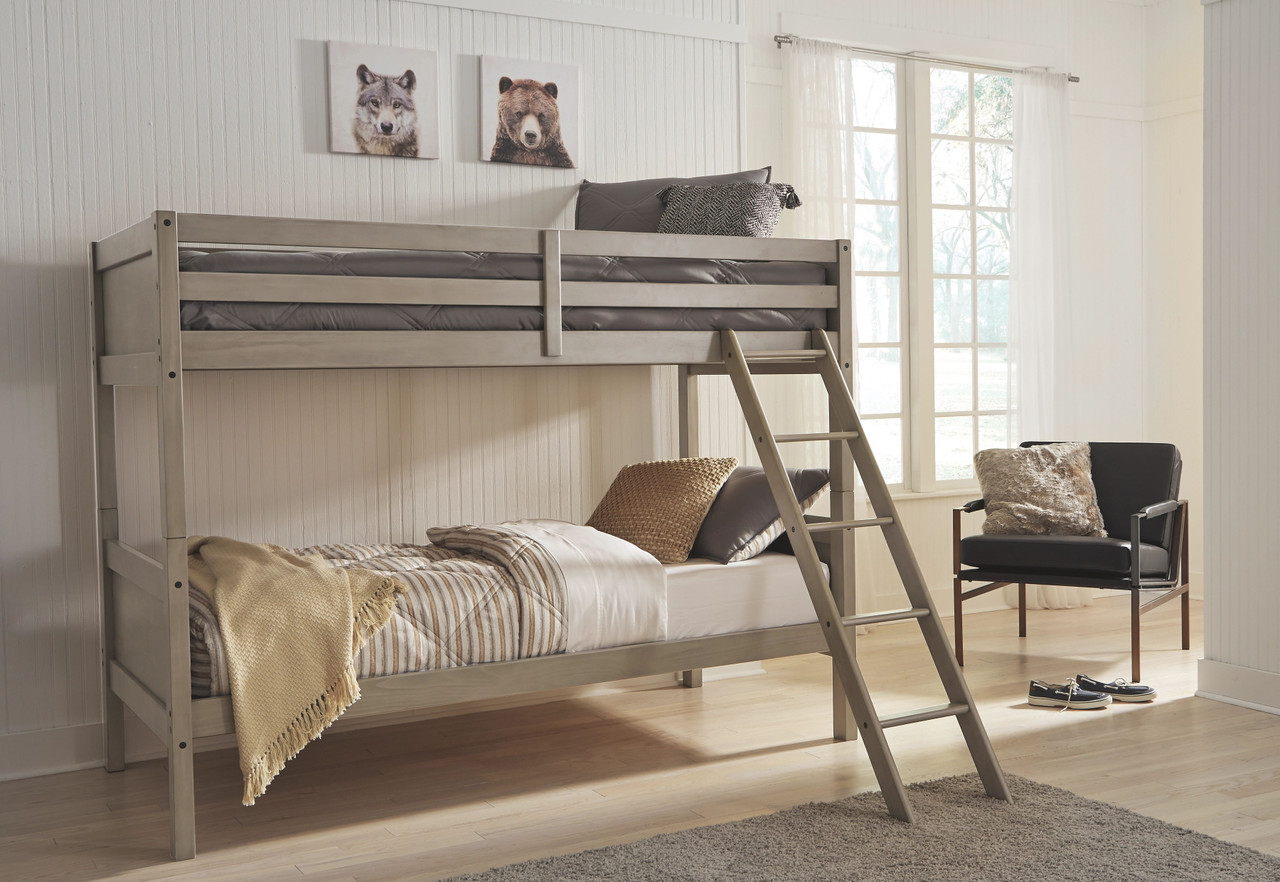 The Lettner Light Gray Twin/Twin Bunk Bed w/Ladder available at Mattress  Express serving Meridian and Hattiesburg, MS.