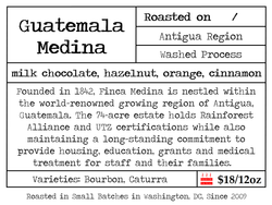 Founded in 1842, Finca Medina is nestled within the world-renowned growing region of Antigua, Guatemala. The 74-acre estate holds Rainforest Alliance and UTZ certifications while also maintaining a long-standing commitment to provide housing, education, grants and medical treatment for staff and their families.  