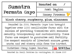 Founded in 2006, Permata Gayo has brought together over 2,000 smallholder farms with the mission of providing themselves with economic security, transparency and sustainablity. These
farms use compost to guarantee soil fertility. The compost consists of livestock manure, green waste, and red cherry skin from the harvest.