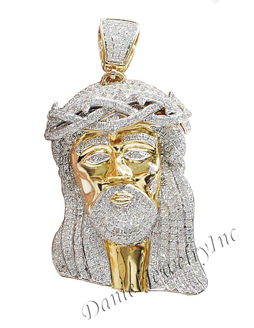 New Jesus Piece Head Face Yellow Gold 2 1/2" White Diamond 5.88ct 14k  Custom Pendant