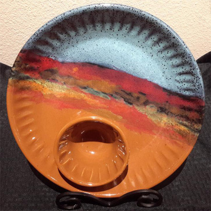 Large Chip and Dip in Azulscape glaze. Completely functional : dishwasher, microwave and food safe. Please call (970) 586-2151 to purchase.