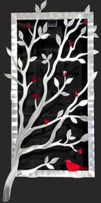 Window View - Red, 15"x30" by Sondra Gerber.
Hand brush aluminum wall Sculpture with glass inclusions.  The use of positive and negative shapes within the intricate cut of the designs cast alluring shadows that interact with the piece itself.