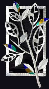 Striped Leaves - Spring 
Hand brush aluminum wall Sculpture with glass inclusions by Sondra Gerber. 16"x29"