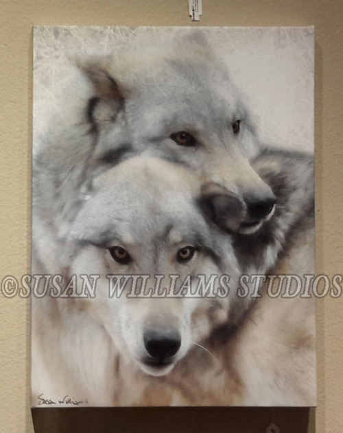 Wolf Brothers II Head on Head 12x18 by Susan Williams
Hand colored black and white photos using vintage techniques (Sepia browns and Cold Chloride Blues). The result is a pared-down minimalist palette with added depth and an atmospheric ethereal, multi-dimensional feel.