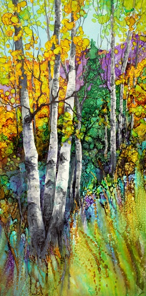 "Spring Aspen" by Vicky Russell, print on aluminum, 6"x12"