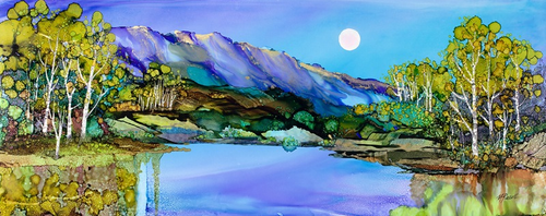"Blue Mountains" by Vicky Russell, print on canvas, 16"x40"